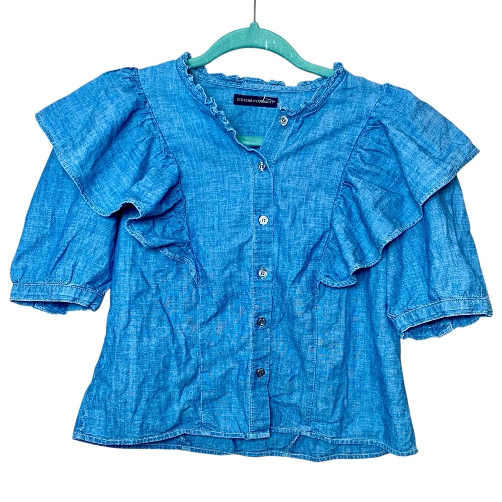 Citizens of Humanity Chambray Denim Ruffle Sleeve Button Down Top